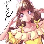  1girl amanogawa_kirara bare_shoulders brown_hair curious earrings eyelashes go!_princess_precure hair_ornament hairband highres jewelry long_hair looking_at_viewer precure sharumon shirt simple_background sketch solo star star_earrings translation_request twintails violet_eyes white_background yellow_shirt 