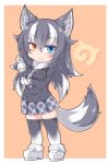  1girl animal_ears bella1202 black_hair blue_eyes blush breast_hold breasts chibi full_body fur_collar gloves grey_wolf_(kemono_friends) heterochromia highres kemono_friends long_hair long_sleeves looking_at_viewer multicolored_hair necktie skirt solo tail thigh-highs two-tone_hair wolf_ears wolf_tail yellow_eyes zettai_ryouiki 