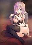  ass black_bra black_legwear black_panties bra breasts cleavage eyebrows_visible_through_hair eyes_visible_through_hair fate/grand_order fate_(series) hair_over_one_eye halterneck large_breasts lying o-ring_legwear o-ring_panties o-ring_top on_side open_clothes panties purple_hair shielder_(fate/grand_order) short_hair shovelwall smile thigh-highs thighs underwear violet_eyes 