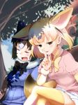  2girls :3 animal_ears bench black_hair blonde_hair blush bow bowtie breast_pocket breasts casino_(casinoep) closed_eyes clouds day drooling eyebrows_visible_through_hair fang fennec_(kemono_friends) finger_to_mouth fox_ears fox_tail fur_collar gradient_hair half-closed_eyes highres kemono_friends legs_crossed looking_at_viewer multicolored_hair multiple_girls naughty_face open_mouth outdoors pleated_skirt pocket puffy_short_sleeves puffy_sleeves raccoon_(kemono_friends) raccoon_ears scrunchie short_hair short_sleeves shushing sitting skirt sky sleeping smile tail thigh-highs tongue tongue_out tree tree_shade two-tone_hair under_tree wavy_mouth white_hair 