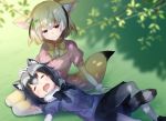  2girls animal_ears blush bow bowtie closed_eyes day drooling fennec_(kemono_friends) fox_ears fox_tail grass half-closed_eyes hand_on_another&#039;s_head kemono_friends kusada_souta lap_pillow leaf light_smile lying multiple_girls on_back open_mouth outdoors petting raccoon_(kemono_friends) raccoon_ears raccoon_tail seiza sitting sleeping tail tree_shade 