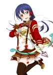  1girl :d arrow blue_hair bow_(weapon) brown_legwear brown_skirt fake_wings floating_hair hair_between_eyes hair_ornament happy_valentine head_tilt headset heart heart_hair_ornament holding holding_weapon jacket long_hair looking_at_viewer love_live! love_live!_school_idol_project microphone neck_ribbon one_leg_raised open_mouth orange_eyes pleated_skirt red_jacket ribbon shirt skirt smile solo sonoda_umi standing striped striped_ribbon suspender_skirt suspenders thigh-highs transparent_background valentine vertical_stripes weapon white_shirt white_wings wings zettai_ryouiki 