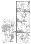  ! !! 2girls 4koma animal_ears animal_print bbb_(friskuser) blank_eyes bow bowtie closed_eyes comic commentary_request cross-laced_clothes elbow_gloves extra_ears flying_sweatdrops gloves greyscale high-waist_skirt highres holding_head kaban kemono_friends kneeling lying monochrome mountain multiple_girls no_hat no_headwear on_side open_mouth pantyhose pantyhose_under_shorts serval_(kemono_friends) serval_ears serval_print serval_tail sharp_teeth shirt shoes shoes_removed short_hair shorts sitting skirt sleeping sleeveless sleeveless_shirt smelling spoken_exclamation_mark surprised sweat sweatdrop tail teeth thigh-highs translation_request tree zzz 