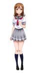  1girl blue_legwear brown_hair full_body grey_skirt highres kneehighs kunikida_hanamaru long_hair looking_at_viewer love_live! love_live!_sunshine!! neckerchief orange_eyes parted_lips pleated_skirt red_neckerchief school_uniform serafuku shirt short_sleeves skirt solo standing transparent_background white_shirt 