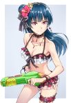  1girl bikini blue_hair blush breasts cleavage earrings flower garters hair_bun hair_flower hair_ornament jewelry kofunami_nana long_hair looking_at_viewer love_live! love_live!_sunshine!! sketch smile solo swimsuit tsushima_yoshiko violet_eyes water_gun 