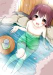  1girl alternate_costume bare_shoulders blush brown_hair cherry_blossoms green_towel kantai_collection looking_up mutsuki_(kantai_collection) naked_towel onsen open_mouth partially_submerged petals petals_on_water short_hair sitting smile solo sou_(soutennkouchi) towel 