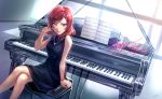  1girl bracelet character_name commentary_request dated dress grand_piano hand_in_hair happy_birthday highres instrument jewelry legs_crossed looking_at_viewer love_live! love_live!_school_idol_project nail_polish necklace nishikino_maki piano piano_bench red_nails redhead sheet_music signature sitting sleeveless sleeveless_dress solo sparkle violet_eyes wedo 