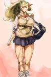  1girl blonde_hair book_bag breasts contemporary horn hoshiguma_yuugi large_breasts looking_at_viewer open_mouth ponytail red_eyes school_uniform scrunchie skirt solo touhou yohane 