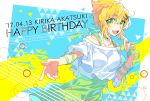  1girl akatsuki_kirika blonde_hair blush breasts character_name dated dress green_dress green_eyes hair_ornament happy_birthday looking_at_viewer medium_breasts open_mouth outstretched_arm senki_zesshou_symphogear short_hair smile solo teeth text wada_chiyon x_hair_ornament 