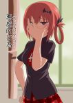  1girl bat_hair_ornament blurry blurry_background blush checkered checkered_skirt chuunibyou commentary_request cross_of_saint_peter derivative_work empty_eyes gabriel_dropout hair_ornament hand_on_own_face highres knives_(knives777) kurumizawa_satanichia_mcdowell looking_at_viewer necktie pleated_skirt pose red_eyes redhead revision screencap_redraw shirt short_sleeves skirt solo translated 