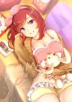  1girl birthday breasts character_name dated english food hair_ribbon happy_birthday highres jacket love_live! love_live!_school_idol_project lying medium_breasts nishikino_maki on_back pocky redhead ribbon ricar short_hair smile stuffed_animal stuffed_bunny stuffed_toy violet_eyes 