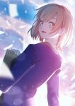  1girl backlighting bangs blue_eyes blurry blush bokeh brown_hair depth_of_field eyebrows_visible_through_hair from_side holding holding_paper long_sleeves looking_at_viewer looking_back miyamori_aoi nagareboshi open_mouth paper shirobako short_hair smile solo 