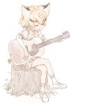  1girl acoustic_guitar animal_ears bangs bow bowtie cat_ears cat_tail closed_eyes elbow_gloves gloves guitar holding_instrument instrument kemono_friends legs_crossed megumegu_hosi_117 music muted_color open_mouth playing_guitar playing_instrument sand_cat_(kemono_friends) shoes short_hair sitting skirt sleeveless socks solo tail tree_stump white_background 