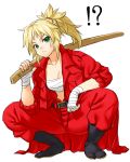  !? 1girl banchou bandage belt blonde_hair fate/grand_order fate_(series) green_eyes onsoku_maru pout saber_of_red sarashi short_hair simple_background solo squatting sword weapon white_background wooden_sword 