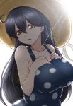  1girl breasts commentary_request hair_between_eyes hat highres kantai_collection large_breasts long_hair looking_at_viewer polka_dot polka_dot_swimsuit solo sun_hat swimsuit ushio_(kantai_collection) wo_jianqiang_fu_guo 