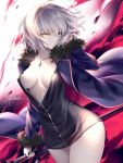  1girl adjusting_hair ahoge artist_name black_dress blue_jacket breasts center_opening collarbone commentary_request dress evil_grin evil_smile fate/grand_order fate_(series) fur-trimmed_jacket fur_trim grin hips jacket jeanne_alter jewelry kousaki_rui large_breasts looking_at_viewer looking_to_the_side open_clothes open_dress open_jacket pale_skin pendant reverse_grip ruler_(fate/apocrypha) short_dress short_hair signature silver_hair smile solo sword unzipped weapon wind wind_lift yellow_eyes 