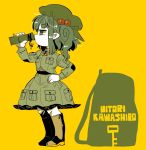  1girl backpack backpack_removed bag blouse blue_eyes blue_hair boots bottle breast_pocket character_name collared_shirt drinking hair_bobbles hair_ornament hand_on_hip hat highres kawashiro_nitori knee_boots pocket romaji shirt skirt skirt_set solo touhou two_side_up water_bottle yt_(wai-tei) 