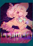  1girl anaglyph bangs curly_hair distortion eyeball eyelashes frills hair_over_one_eye hat heart heart_of_string komeiji_koishi kuyuru_(vocalo520) long_sleeves looking_at_viewer one_eye_covered open_mouth pink_eyes shirt short_hair silver_hair skirt smile solo string text third_eye touhou wide_sleeves 