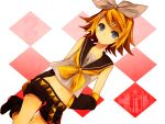  1girl :o artist_request bare_shoulders belt blonde_hair blue_eyes boots detached_sleeves diamonds frills kagamine_rin looking_at_viewer navel necktie short_hair short_shorts shorts solo stomach_top tagme vocaloid 