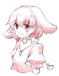  1girl animal_ears carrot closed_mouth commentary eyebrows_visible_through_hair inaba_tewi jewelry mana_(tsurubeji) monochrome pendant pink puffy_short_sleeves puffy_sleeves rabbit_ears shirt short_hair short_sleeves signature solo touhou upper_body wavy_mouth 