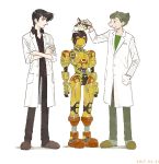  2boys a106 animal animal_on_head atom:_the_beginning big_nose black_hair brown_hair cat crossed_arms dated f14 full_body hand_in_pocket kumaori_jun labcoat multiple_boys ochanomizu_hiroshi on_head pointy_hair robot short_hair tenma_umatarou tetsuwan_atom 