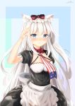  1girl american_flag_neckwear animal_ears apron arm_at_side arm_behind_back arm_up azur_lane bangs blue_eyes blush bow bowtie breasts cat_ears cleavage closed_mouth cowboy_shot eyebrows_visible_through_hair frilled_sleeves frills hair_bow hammann_(azur_lane) highres long_hair looking_at_viewer medium_breasts multicolored multicolored_background necktie puffy_short_sleeves puffy_sleeves red_bow red_neckwear saluta salute sashima short_sleeves signature silver_hair solo standing straight_hair v-shaped_eyebrows very_long_hair waist_apron white_apron 
