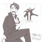  3boys con_potata forced_perspective jean-jacques_leroy jumpsuit leo_de_la_iglesia male_focus monochrome multiple_boys one_knee open_mouth otabek_altin smile spot_color standing standing_on_one_leg translation_request yuri!!!_on_ice 