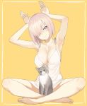  1girl armpits arms_up bangs bare_legs barefoot blush breasts bunny_pose cat cleavage collarbone dress fate/grand_order fate_(series) hair_over_one_eye highres indian_style large_breasts looking_at_viewer panties pantyshot pantyshot_(sitting) pink_hair shielder_(fate/grand_order) short_dress simple_background sitting smile solo throtem underwear violet_eyes white_dress white_panties 