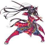  1girl animal_ears aqua_eyes armor astral_gazer black_hair cat_ears cat_tail floating_hair full_body hair_ribbon holding holding_sword holding_weapon japanese_armor long_hair looking_at_viewer multiple_tails ponytail ribbon sheath sheathed smile solo sword tail transparent_background very_long_hair weapon wide_stance 