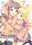  ! 2girls :o animal_ears black_legwear blonde_hair blue_eyes blush brown_hair bunny_tail capelet cardigan carrot carrot_hair_ornament cat_ears cat_tail ech fang food food_themed_hair_ornament grey_eyes hair_ornament hairclip heart highres hug hug_from_behind long_hair long_sleeves multiple_girls neckerchief open_mouth original panties pantyshot pantyshot_(standing) pleated_skirt rabbit_ears school_uniform serafuku shirt skirt smile spoken_exclamation_mark spoken_heart standing striped striped_panties tail takoyaki thigh-highs underwear very_long_hair 