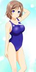  1girl alllie blue_eyes blue_swimsuit breasts brown_hair competition_swimsuit cowboy_shot hand_behind_head large_breasts looking_at_viewer love_live! love_live!_sunshine!! one-piece_swimsuit short_hair smile solo standing swimsuit watanabe_you 
