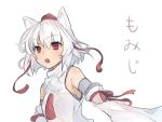  1girl :o animal_ears bangs blush breasts character_name commentary detached_sleeves elbow_gloves gloves hat inubashiri_momiji looking_at_viewer medium_breasts miya_(pixiv15283026) pom_pom_(clothes) red_eyes short_hair solo tokin_hat touhou upper_body white_hair wolf_ears 