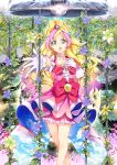  1girl absurdres blonde_hair blue_flower choker collarbone crying crying_with_eyes_open cure_flora dress gloves go!_princess_precure green_eyes haruno_haruka highres long_hair magical_girl multicolored_hair outstretched_arm pink_hair precure short_sleeves solo standing tears two-tone_hair very_long_hair white_gloves yellow_flower yuutarou_(fukiiincho) 