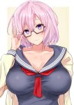  1girl adjusting_glasses blush breasts brown_background cleavage collarbone fate/grand_order fate_(series) glasses highres huge_breasts jacket long_sleeves looking_at_viewer open_clothes open_jacket outside_border pink_hair sankakusui_(deltawhite) school_uniform serafuku shielder_(fate/grand_order) short_hair simple_background smile solo violet_eyes white_border white_jacket 