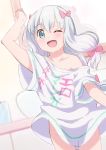  1girl blue_eyes blush bottomless bow collarbone commentary commentary_request eromanga_sensei hair_bow izumi_sagiri long_hair looking_at_viewer naked_shirt no_panties off_shoulder open_mouth pink_bow ribbon shirt silver_hair sketch smile solo tukiman00 white_shirt 