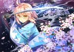  1girl ahoge black_scarf blonde_hair blush bow cherry_blossoms fate_(series) floating_hair gauntlets hair_bow holding holding_weapon japanese_clothes katana kimono koha-ace kotatsu_(kotatsu358) looking_at_viewer okita_souji sakura_saber scarf serious shinsengumi short_hair short_kimono sword uniform weapon wide_sleeves wind yellow_eyes 