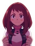  1girl blush_stickers bodysuit boku_no_hero_academia breasts brown_hair clenched_hand face liyart looking_at_viewer medium_hair simple_background smile solo uraraka_ochako white_background 