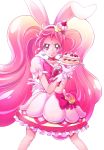  1girl :p animal_ears bow cake cake_hair_ornament choker corset cure_whip earrings eating extra_ears eyelashes food food_themed_hair_ornament food_themed_ornament fruit full_body gloves hair_ornament hairband happy highres jewelry kirakira_precure_a_la_mode long_hair looking_at_viewer magical_girl pink pink_bow pink_choker pink_hair precure puffy_sleeves rabbit_ears red_eyes sharumon simple_background skirt smile solo standing strawberry tongue tongue_out twintails usami_ichika white_background white_gloves white_skirt 