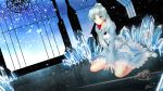  1girl arms_between_legs artist_request blue_eyes boots dress ice kneeling_down looking_down ponytail rwby sad solo tagme very_long_hair weiss_schnee white_hair 