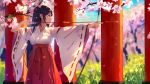  1girl aiming arrow baisi_shaonian bow brown_hair cherry_blossoms day highres japanese_clothes long_hair miko original parted_lips profile red_eyes solo torii traditional_clothes tree wide_sleeves 
