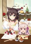 2girls :3 :d :q absurdres ahoge animal_ears apron bare_shoulders blueberry blush bottle breasts brown_hair cake candy candy_cane cat_ears chicken_(food) child chocolate christmas christmas_stocking christmas_tree cleavage closed_mouth collar collarbone cutting_board eyebrows_visible_through_hair flower food food_on_face fruit glass green_eyes hair_between_eyes hair_bobbles hair_ornament hair_ribbon hat highres holding indoors knife large_breasts long_hair multiple_girls open_mouth original pastry_bag pink_ribbon plate poinsettia ribbon santa_hat scan silver_hair sleeves_past_wrists smile spatula star strawberry table takehana_note tongue tongue_out v-shaped_eyebrows violet_eyes wine_bottle 