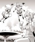  3girls alpaca_ears alpaca_suri animal_ears bonkara_(sokuseki_maou) clouds crested_ibis_(kemono_friends) cup eyebrows_visible_through_hair fingerless_gloves flying fur_collar fur_trim gloves gradient_hair hair_over_one_eye hands_in_sleeves head_wings kemono_friends long_sleeves mary_janes monochrome multicolored_hair multiple_girls necktie open_mouth pantyhose plant shoebill_(kemono_friends) shoes short_hair short_sleeves shorts skirt sky table tail tea teacup 