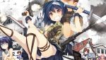  1boy blue_hair breast_grab brown_eyes chihaya_(x-overd) cityscape clenched_teeth firing gloves grabbing gun handgun highres katana multiple_girls nanaroku_(fortress76) official_art panties pistol protagonist_(x-overd) short_hair sword tears teeth underwear weapon x-overd 