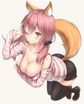  1girl ;) animal_ears beige_background black_legwear blush boots breast_hold breasts brown_eyes cleavage fang_out fate/extra fate/extra_ccc fate_(series) fox_ears fox_tail full_body hair_between_eyes hair_ornament hair_scrunchie highres large_breasts leaning_forward looking_at_viewer low_twintails off_shoulder one_eye_closed pink_hair reinama scrunchie shorts simple_background sleeves_past_wrists smile solo tail tamamo_(fate)_(all) tamamo_no_mae_(fate) thigh-highs thigh_boots twintails v 