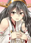  1girl artist_name black_hair breasts brown_eyes dated detached_sleeves eyebrows eyebrows_visible_through_hair gradient gradient_background hair_between_eyes hair_ornament hairclip hands_on_own_chest haruna_(kantai_collection) headgear highres kamelie kantai_collection large_breasts long_hair looking_at_viewer nontraditional_miko pink_background red_background remodel_(kantai_collection) revision solo 