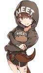  1girl bangs blush brown_eyes brown_hair closed_mouth clothes_writing cropped_legs dated highres hood hood_up hoodie looking_at_viewer object_hug original ouchi_kaeru short_hair signature sketch smile solo 