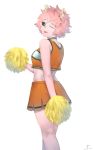  1girl ;p arm_behind_back ashido_mina back bare_arms bare_legs bare_shoulders black_sclera boku_no_hero_academia cheerleader choker cowboy_shot crop_top cropped_shirt dated drawrepulser from_behind hand_up highres holding_pom_poms horns kneepits looking_at_viewer looking_back messy_hair midriff miniskirt one_eye_closed pink_hair pink_skin pom_poms shirt short_hair signature simple_background skirt sleeveless sleeveless_shirt solo tongue tongue_out walking white_background yellow_eyes 