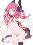  1girl armor bikini bikini_armor black_legwear blade_(galaxist) blue_eyes blue_ribbon blush breasts cape choker commentary_request curled_horns elizabeth_bathory_(brave)_(fate) fate/grand_order fate_(series) finger_to_mouth gauntlets hair_ribbon heart heart-shaped_pupils horns lancer_(fate/extra_ccc) long_hair looking_at_viewer navel pauldrons pink_hair pointy_ears red_bikini ribbon simple_background small_breasts solo standing string_bikini swimsuit symbol-shaped_pupils tail thigh-highs tiara two_side_up white_background white_cape 