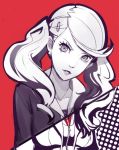  1girl greyscale jacket long_hair looking_at_viewer monochrome persona persona_5 sho-n-d smile solo takamaki_anne twintails 