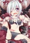  1girl bat_wings bikini black_bikini boots breasts breasts_apart chair dragon_tail ech fang gloves hair_ribbon hand_on_own_cheek highres medium_breasts navel one_eye_closed open_mouth original red_gloves ribbon silver_hair sitting solo swimsuit tail twintails violet_eyes wings 